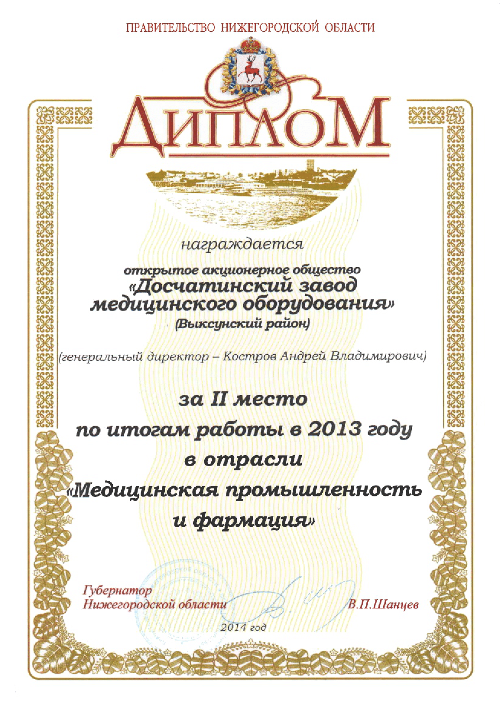 Диплом за II место по итогам работы в 2013 году в отрасли "Медицинская промышленность и фармация"